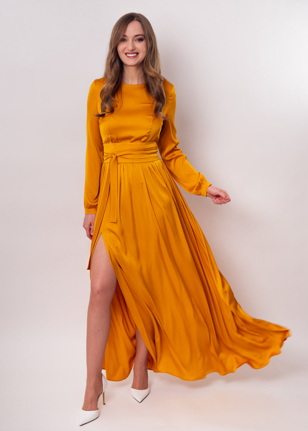 Gold long silk dress with belt