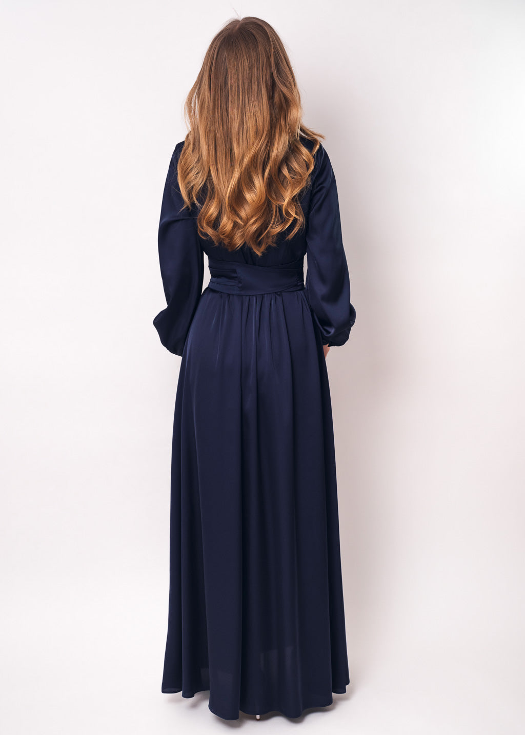 Navy blue slit silk dress with belt