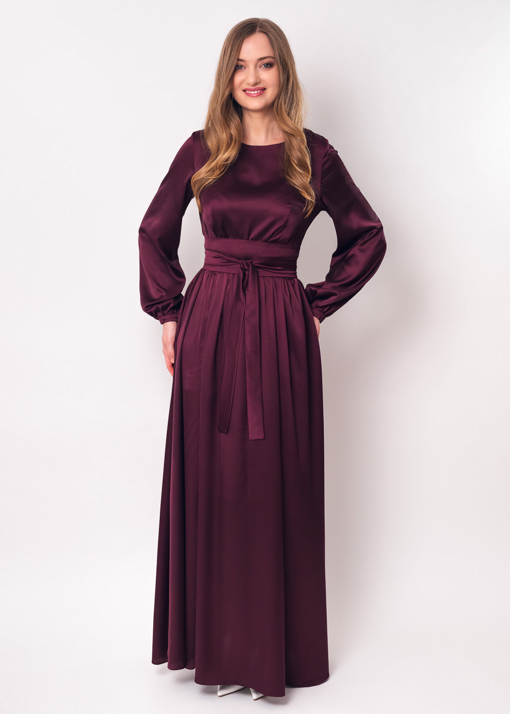 Dark burgundy long silk dress with belt