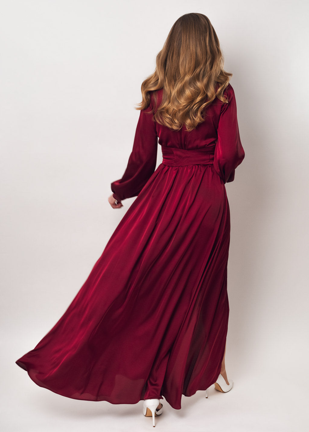Burgundy slit silk dress with belt