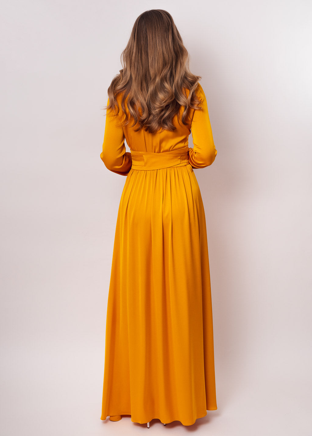 Gold slit silk dress with belt