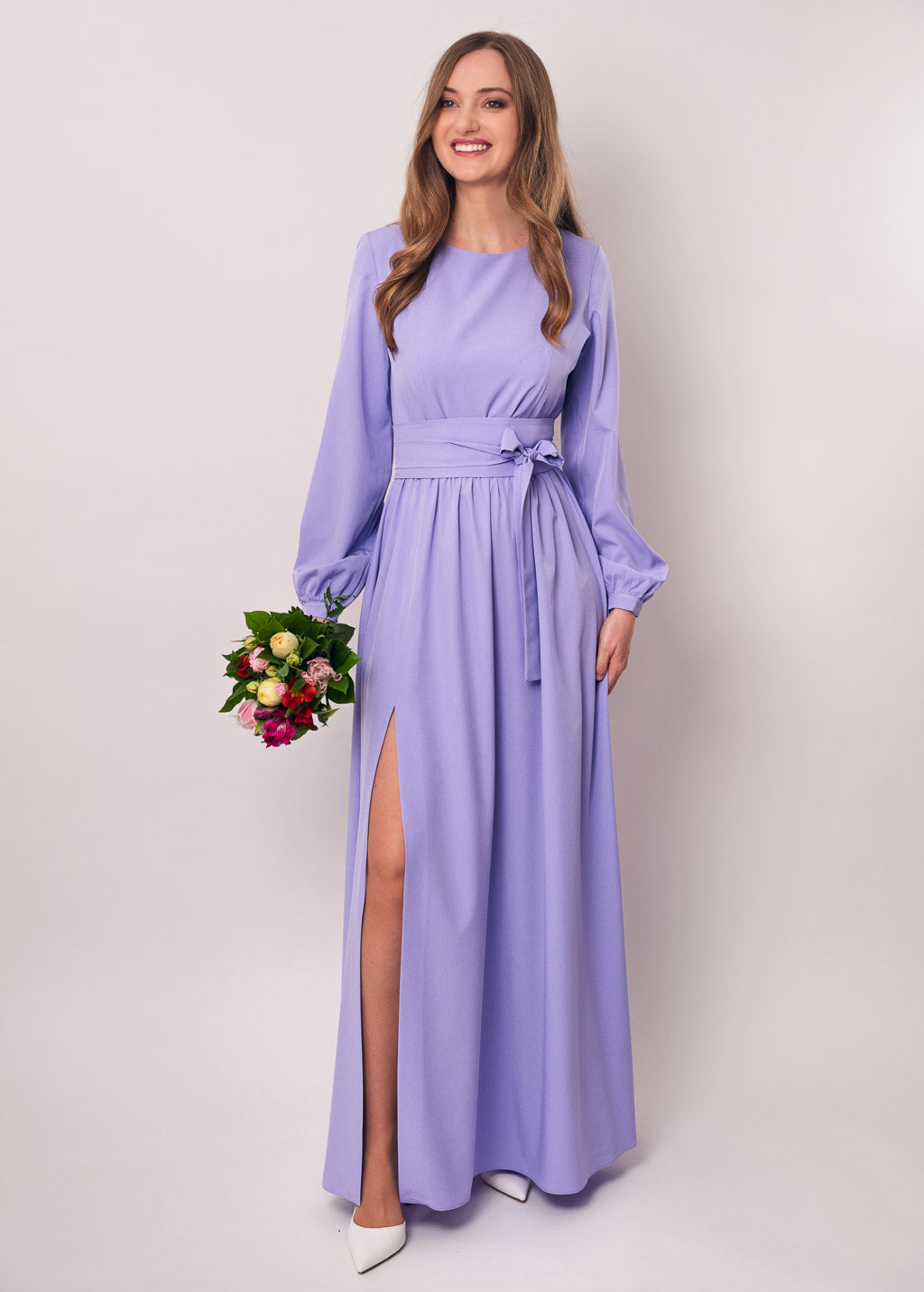 Light purple long dress with belt