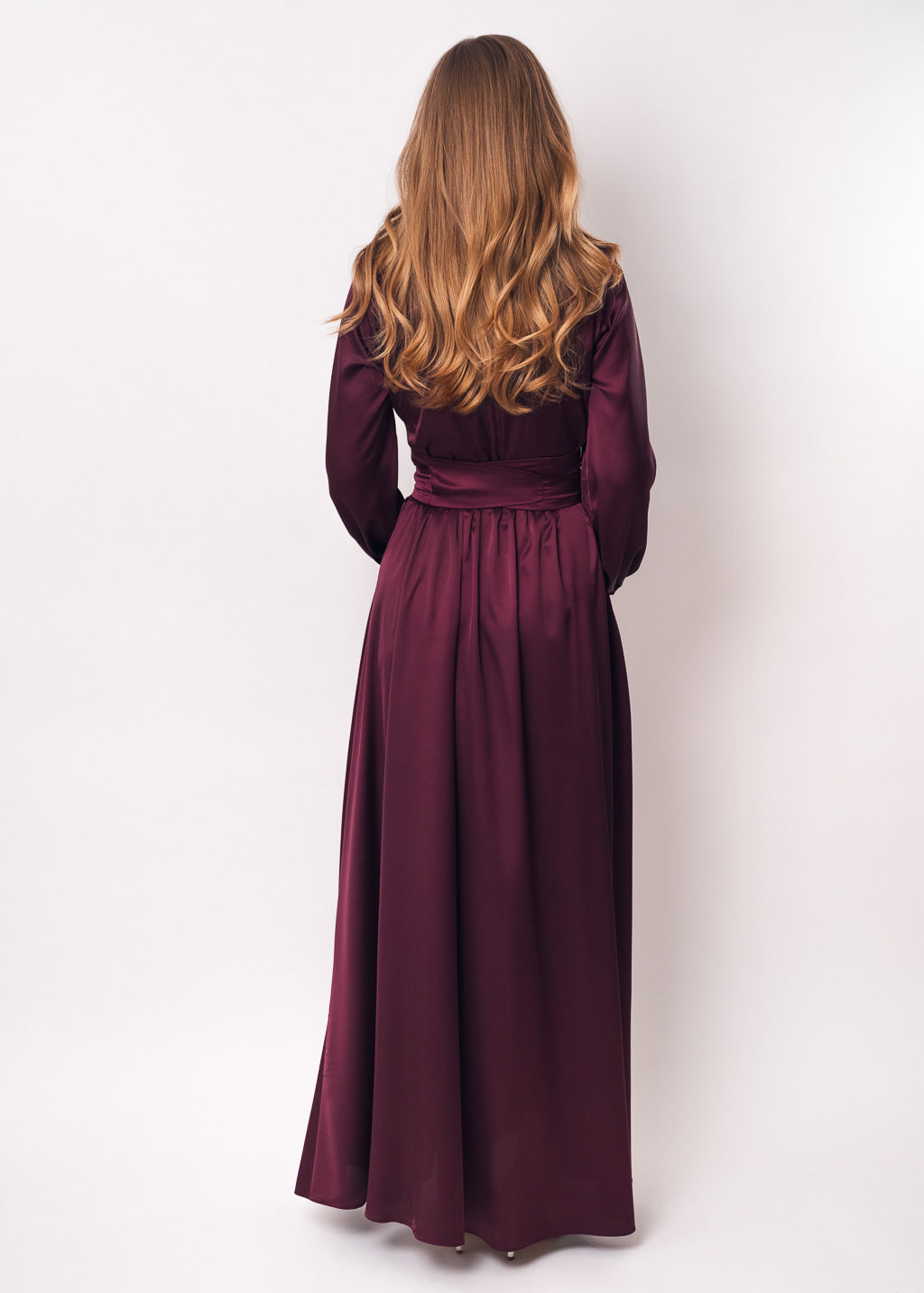 Dark burgundy slit silk dress with belt