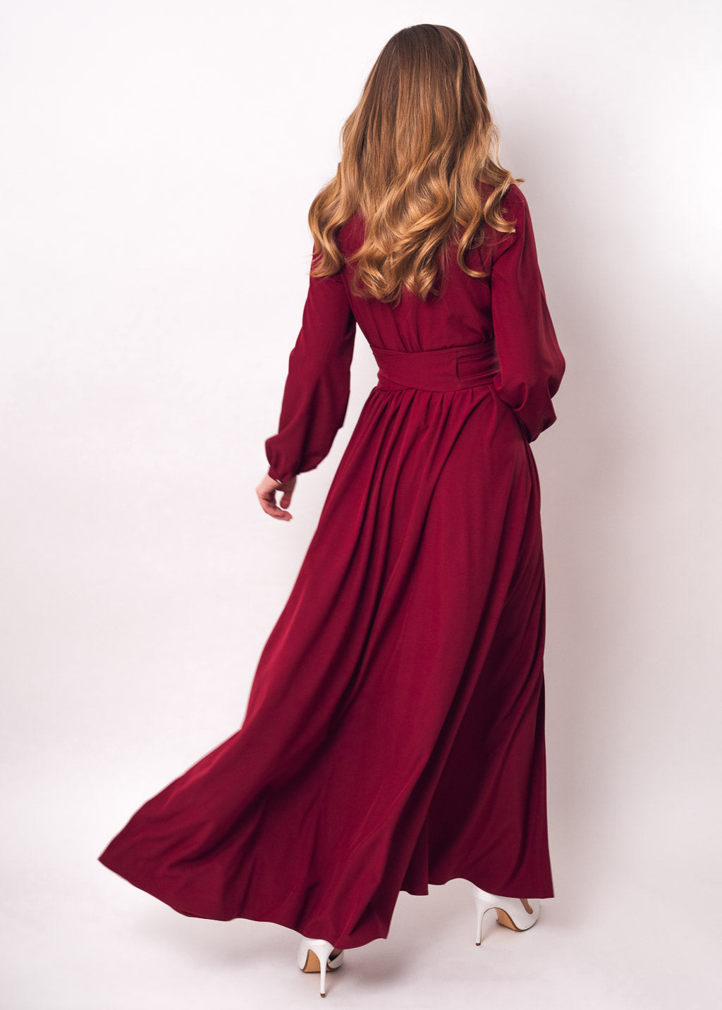 Burgundy slit dress with belt