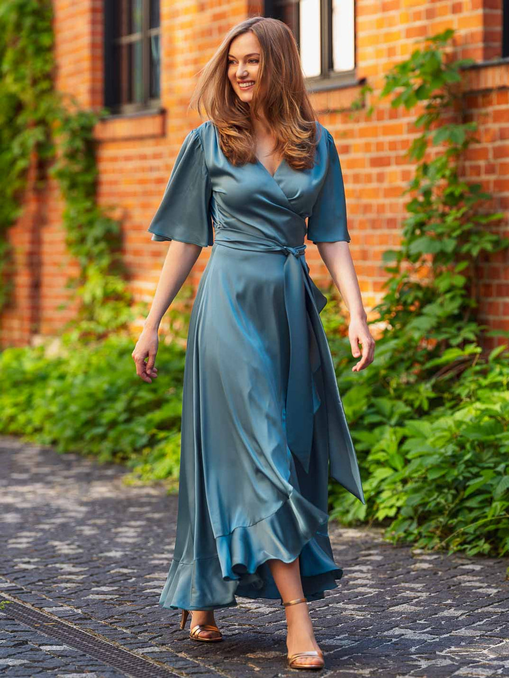 Aqua blue wrap silk dress