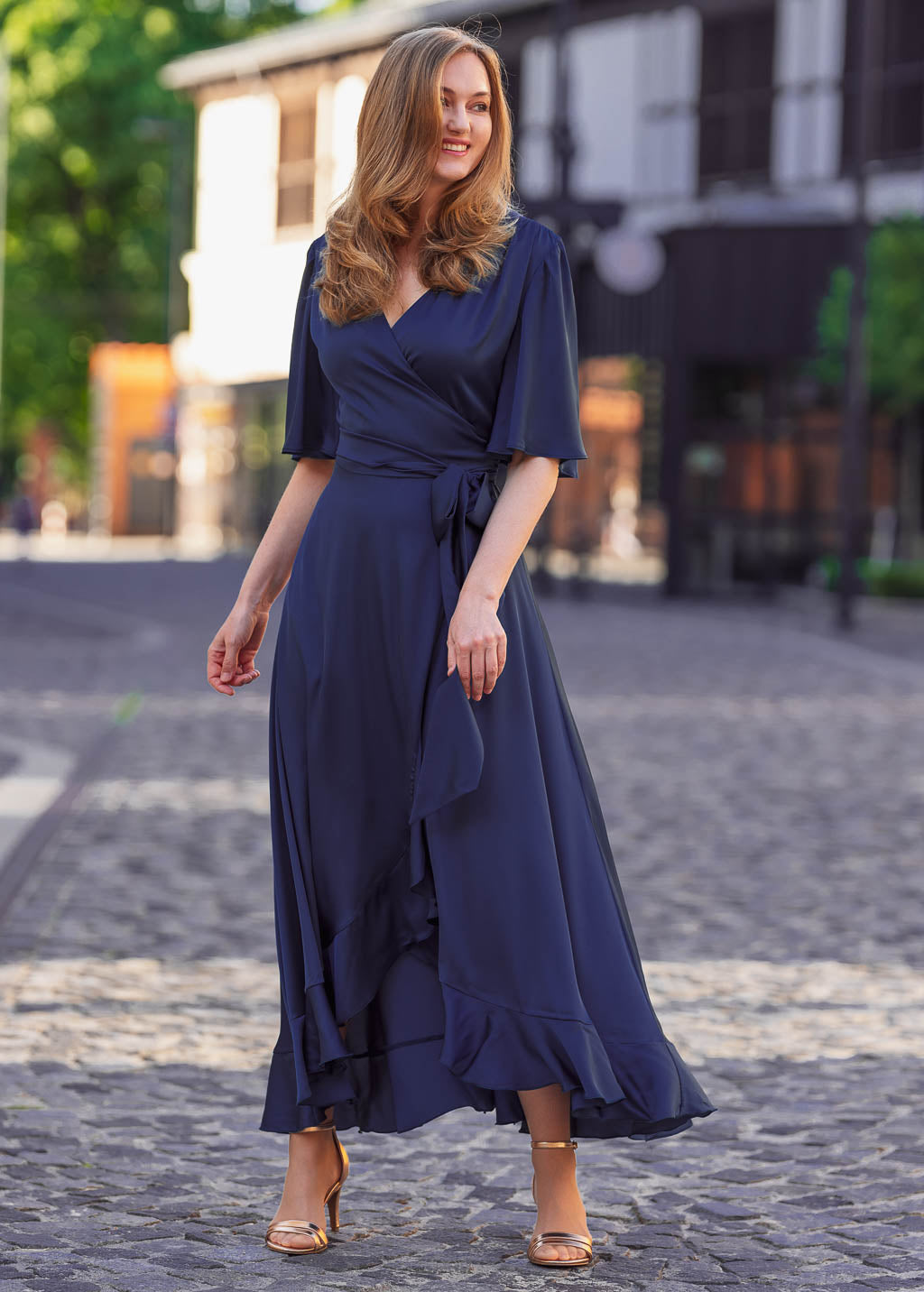 Navy blue wrap silk dress