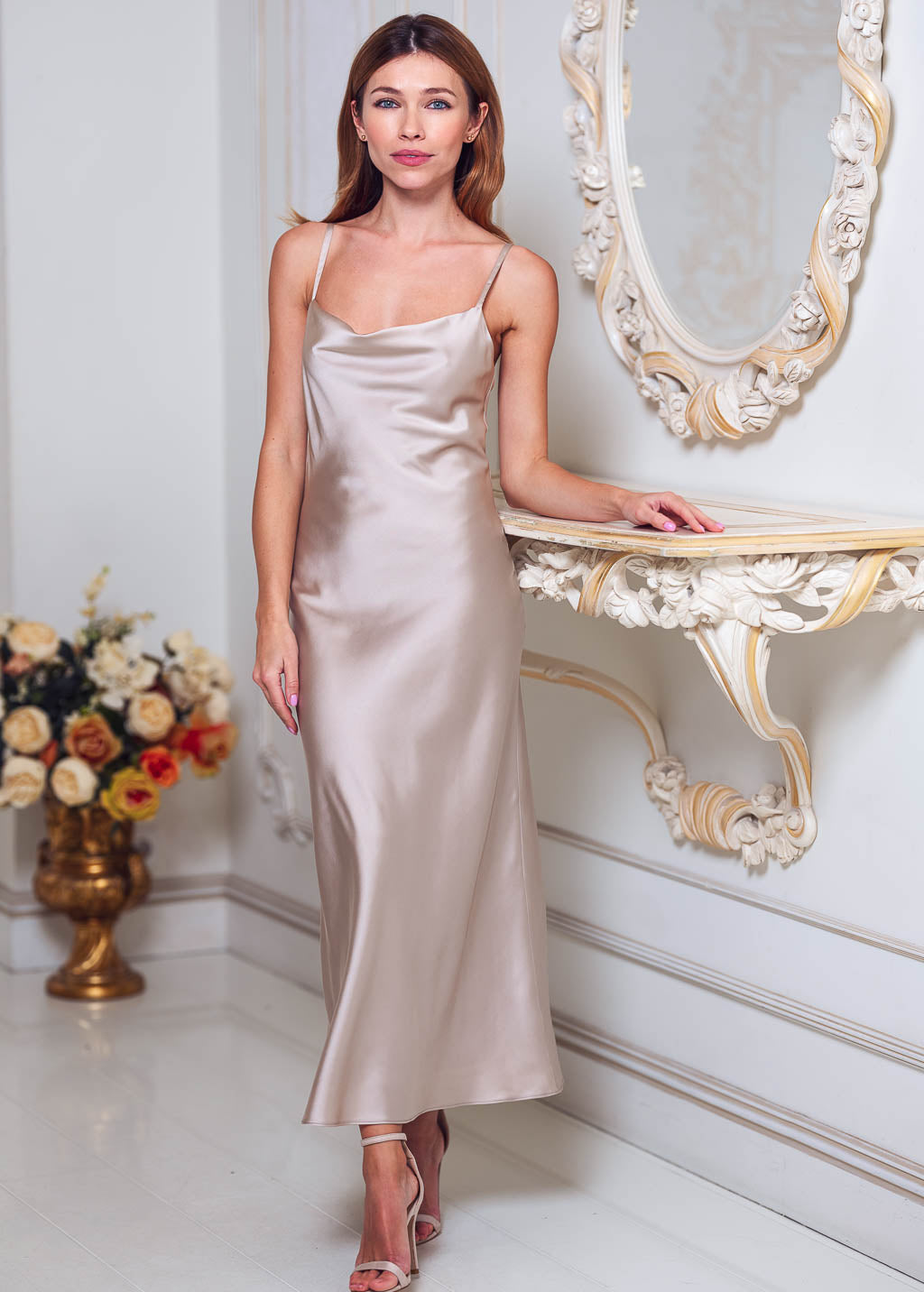 Champagne beige slip silk dress