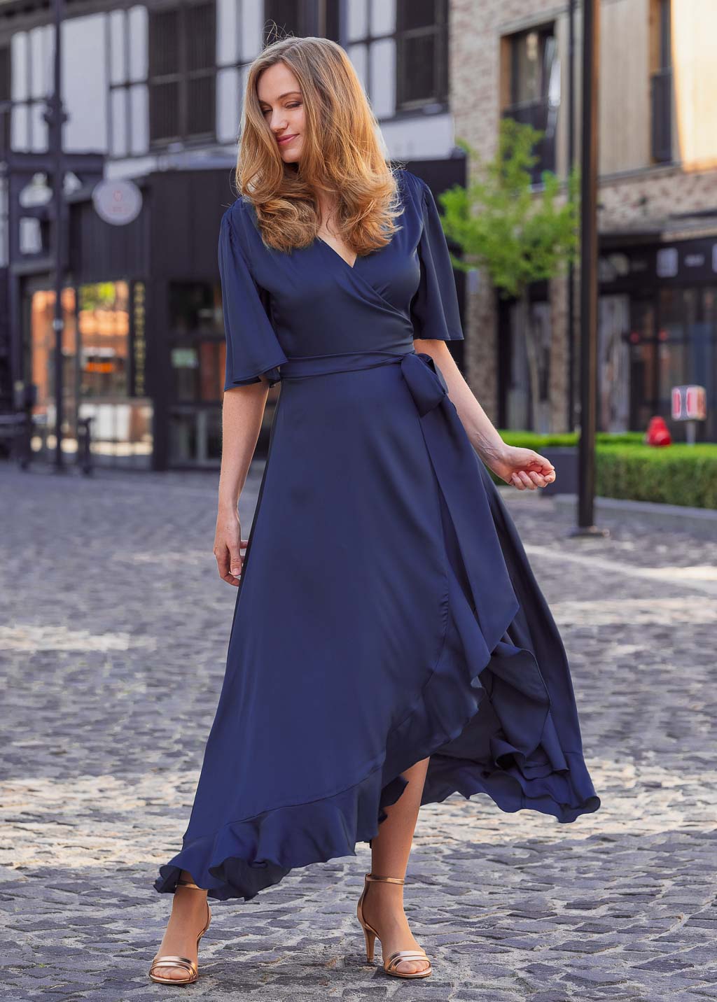 Navy blue wrap silk dress
