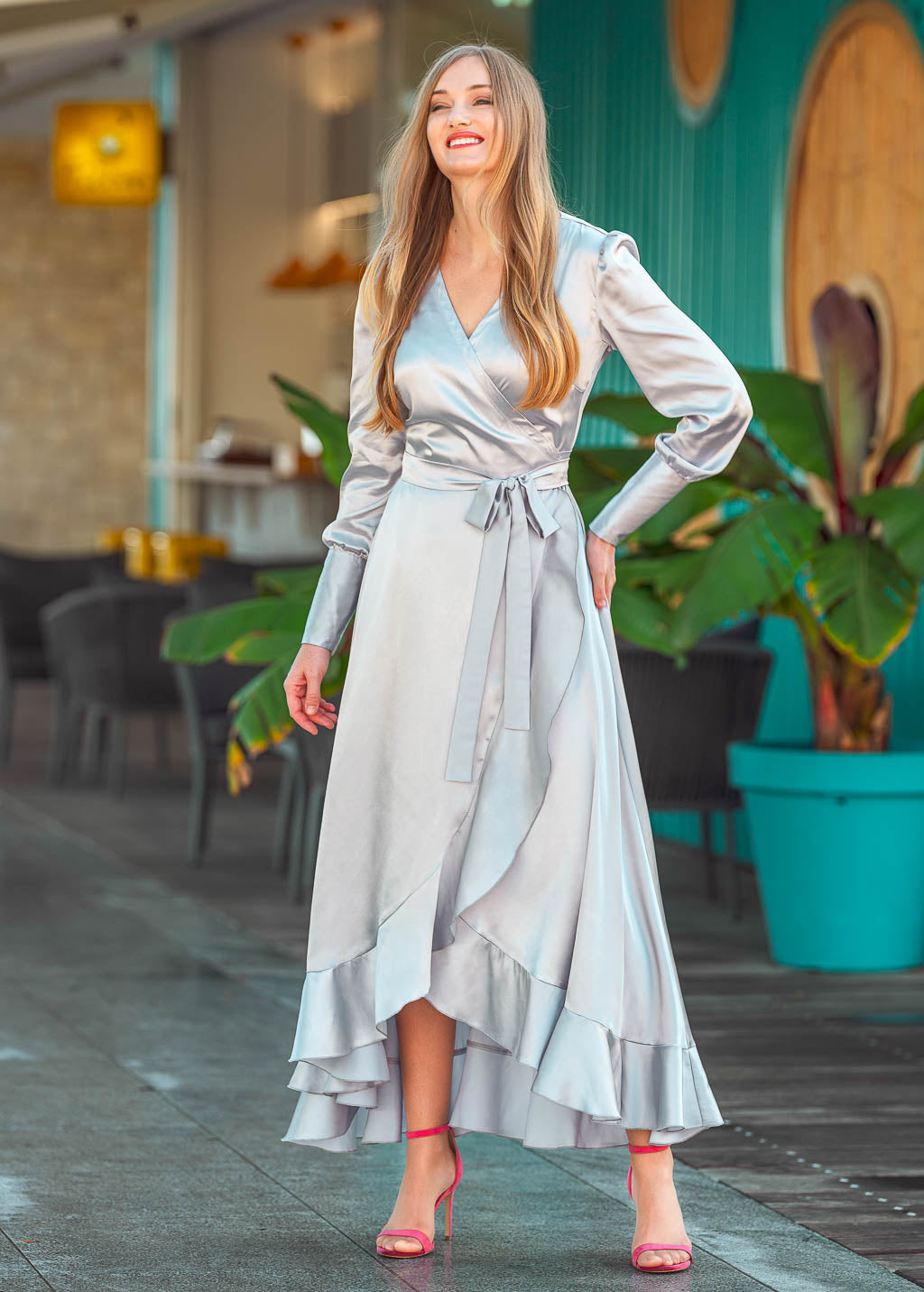 Silver grey long wrap dress