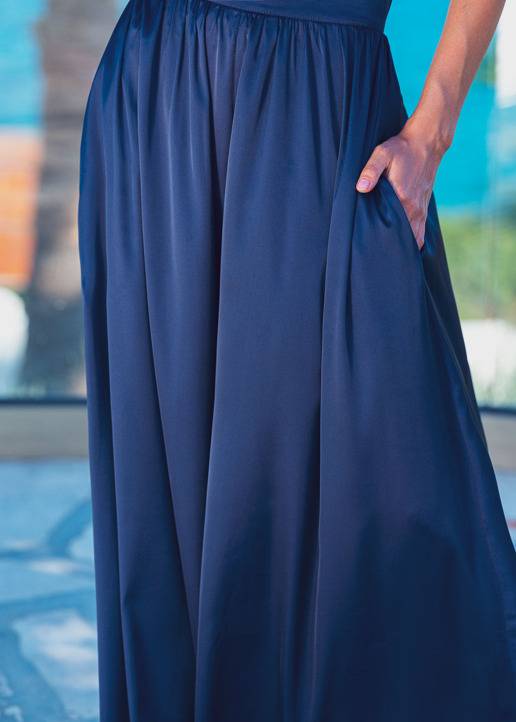 Navy blue open back silk jumpsuit